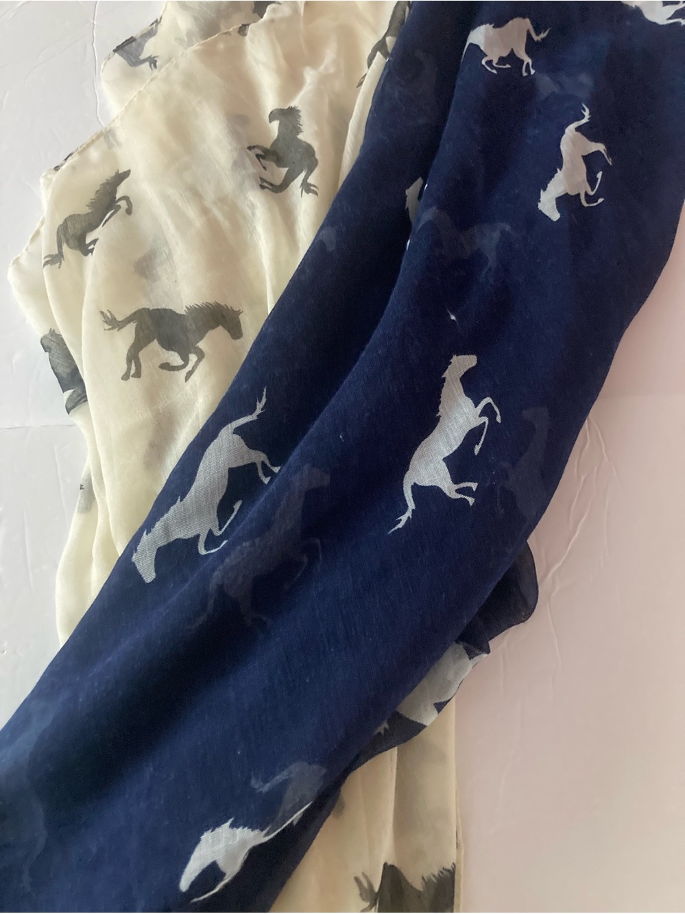 Navy and Cream Running Horse Print Lightweight Scarfs.You get both.
